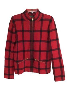 Lauren Ralph Lauren Vintage Womens Large Red Black Window Pane Full Zip Sweater